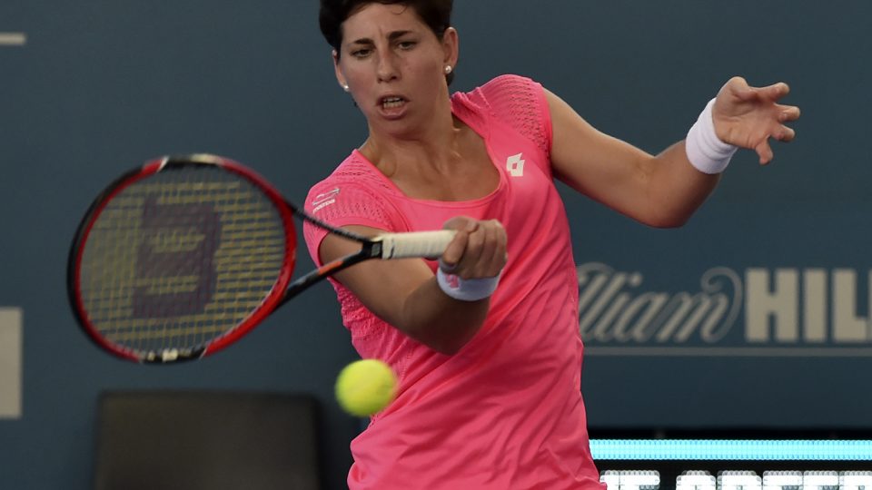Carla Suarez Navarro of Spain hits a forehand against Varvara Lepchenko. Picture: GETTY IMAGES