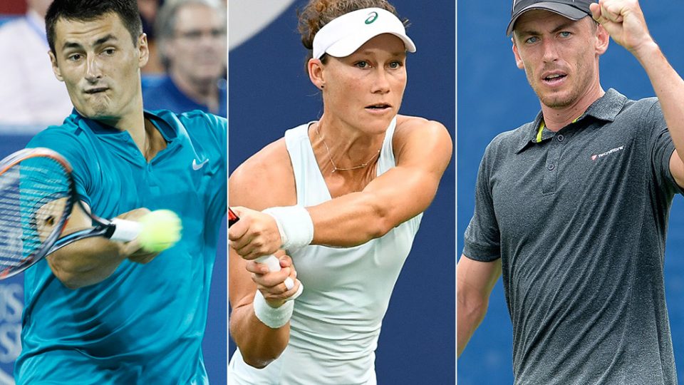 (L-R) Bernard Tomic, Sam Stosur and John Millman will contest the Brisbane International in 2017; Getty Images