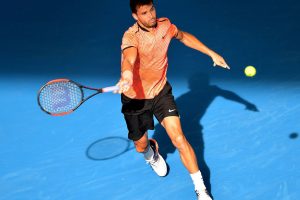 Grigor Dimitrov hits a forehand in his win over Dominic Thiem in Brisbane - PHOTO: Getty Images