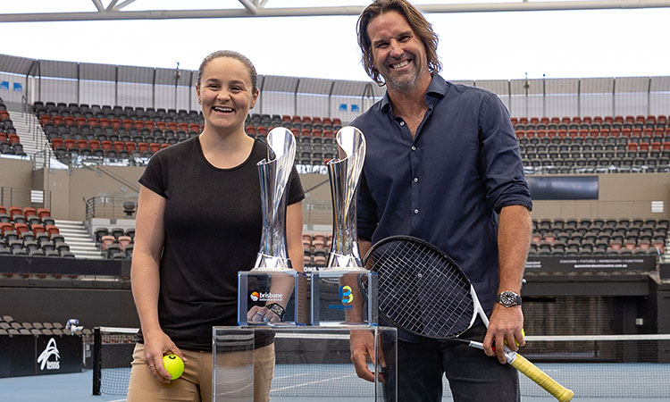 Ash Barty and Pat Rafter celebrate the return of the Brisbane International; Getty Images