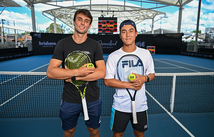 Aleksandar Vukic and Rinky Hijikata at the Queensland Tennis Centre. Picture: Tennis Australia