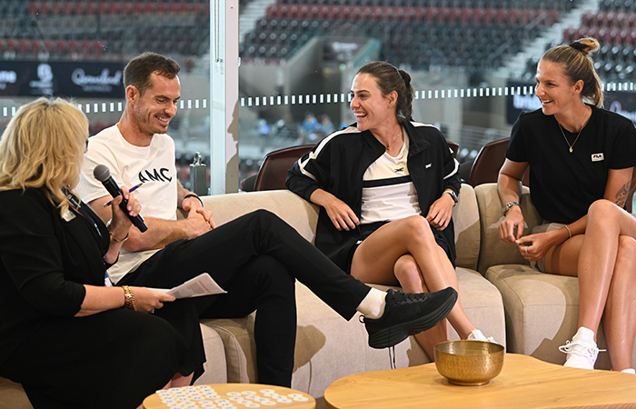 Andy Murray, Kimberly Birrell and Karolina Pliskova at the Brisbane International 2024 official draw ceremony. Picture: Tennis Australia