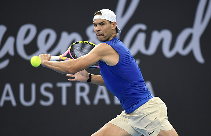 Rafael Nadal during a practice session at Pat Rafter Arena. Picture: Tennis Australia