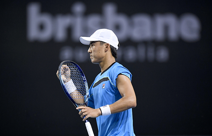 Rinky Hijikata celebrates his first-round win at the Brisbane International. Picture: Tennis Australia