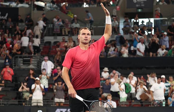 Roman Safiullin celebrates his second-round win at Brisbane International 2024. Picture: Tennis Australia