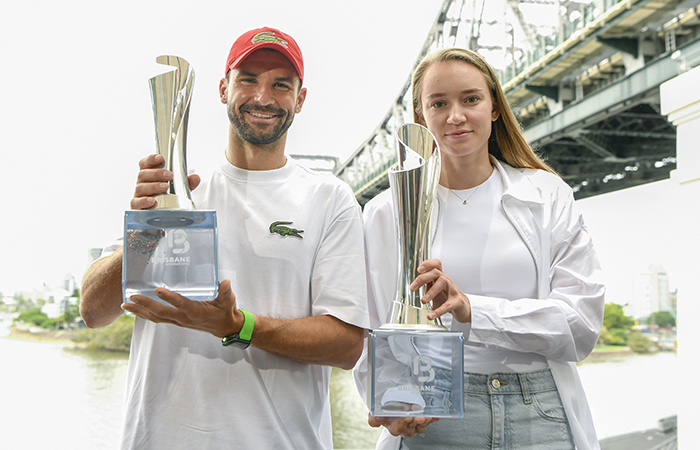 Grigor Dimitrov and Elena Rybakina celebrate their Brisbane International 2024 titles. Picture: Tennis Australia
