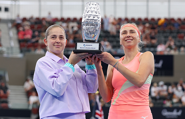 Jelena Ostapenko and Lyudmyla Kichenok celebrate their victory at Brisbane International 2024. Picture: Getty Images